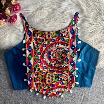 Teal navratri mirror work cotton gamthi embroidery blouse 1