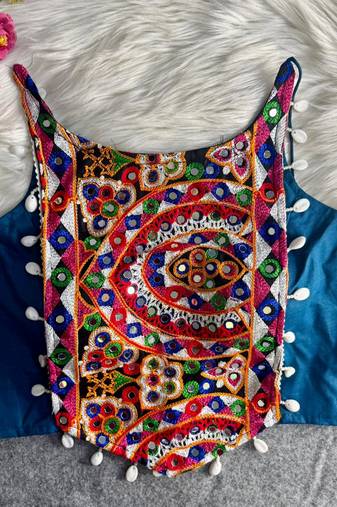 Teal navratri mirror work cotton gamthi embroidery blouse