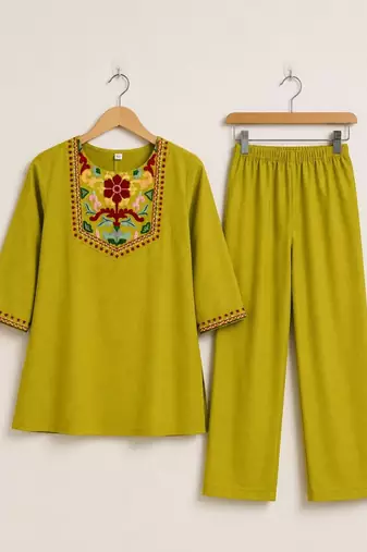 Women's daily wear stylish green embroidered cotton blend kurta with trouser set