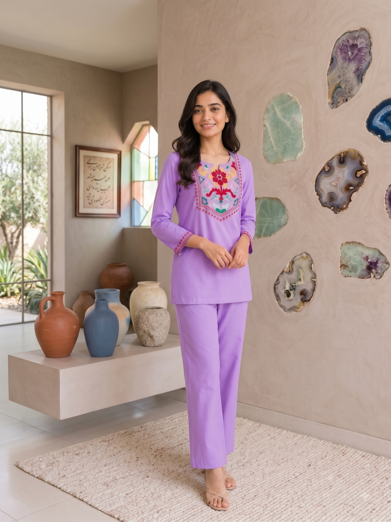 Women's daily wear stylish lavendar embroidered cotton blend kurta with trouser set