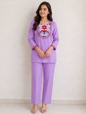 Women's daily wear stylish lavendar embroidered cotton blend kurta with trouser set 1