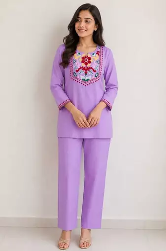 Women's daily wear stylish lavendar embroidered cotton blend kurta with trouser set
