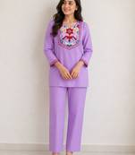 Women's daily wear stylish lavendar embroidered cotton blend kurta with trouser set