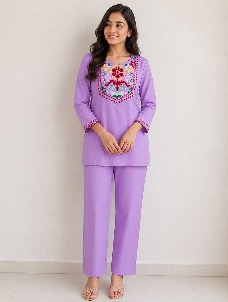 Women's daily wear stylish lavendar embroidered cotton blend kurta with trouser set