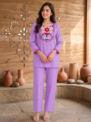 Women's daily wear stylish lavendar embroidered cotton blend kurta with trouser set 2