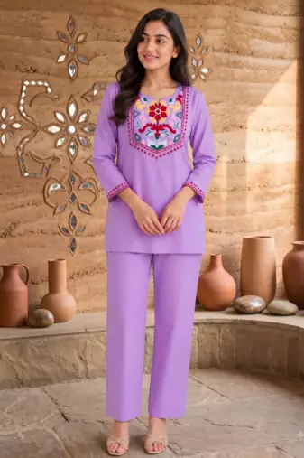 Women's daily wear stylish lavendar embroidered cotton blend kurta with trouser set