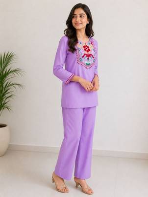 Women's daily wear stylish lavendar embroidered cotton blend kurta with trouser set 2