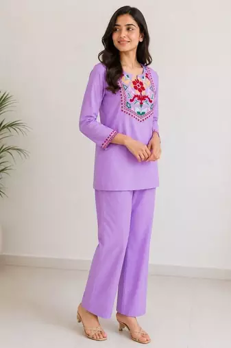 Women's daily wear stylish lavendar embroidered cotton blend kurta with trouser set