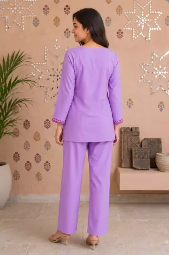 Women's daily wear stylish lavendar embroidered cotton blend kurta with trouser set