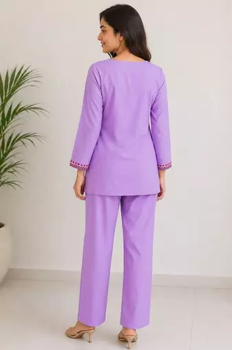 Women's daily wear stylish lavendar embroidered cotton blend kurta with trouser set