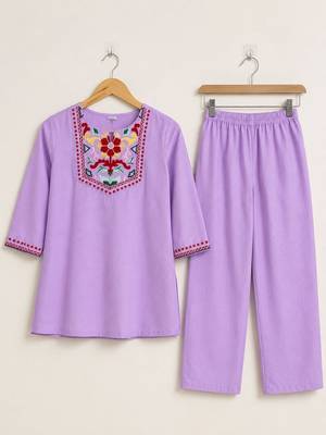 Women's daily wear stylish lavendar embroidered cotton blend kurta with trouser set 4