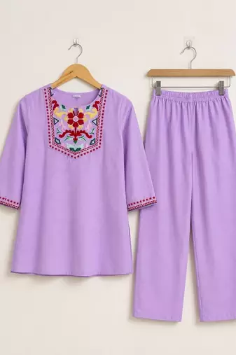 Women's daily wear stylish lavendar embroidered cotton blend kurta with trouser set