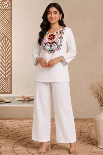 Women's daily wear stylish off-white embroidered cotton blend kurta with trouser set