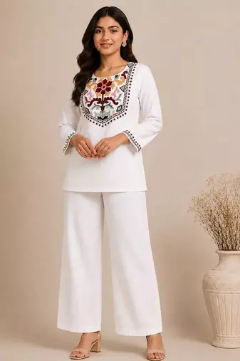 Women's daily wear stylish off-white embroidered cotton blend kurta with trouser set