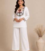 Women's daily wear stylish off-white embroidered cotton blend kurta with trouser set