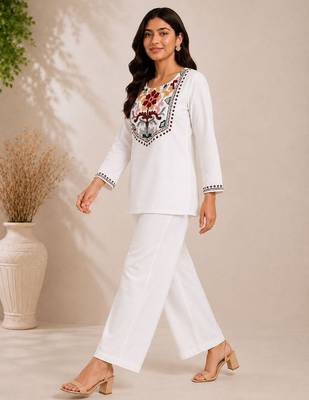 Women's daily wear stylish off-white embroidered cotton blend kurta with trouser set 2