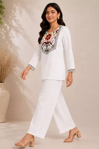 Women's daily wear stylish off-white embroidered cotton blend kurta with trouser set