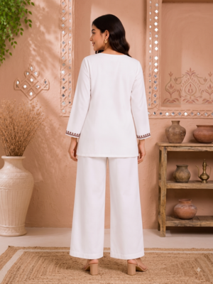 Women's daily wear stylish off-white embroidered cotton blend kurta with trouser set 3