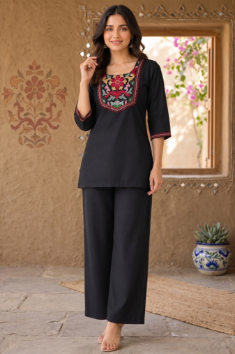 Women's daily wear stylish black embroidered cotton blend kurta with trouser set