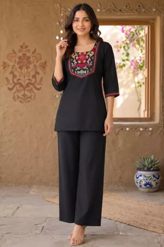 Women's daily wear stylish black embroidered cotton blend kurta with trouser set