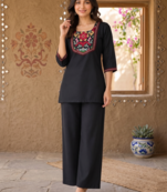 Women's daily wear stylish black embroidered cotton blend kurta with trouser set
