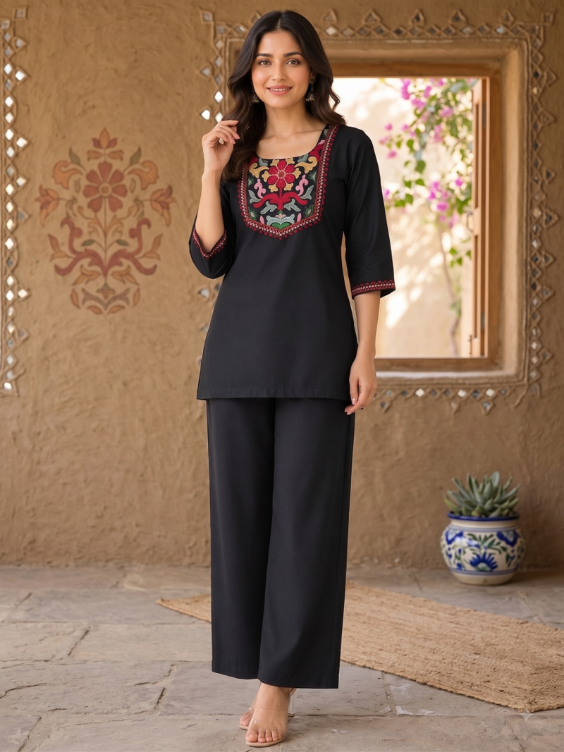 Women's daily wear stylish black embroidered cotton blend kurta with trouser set