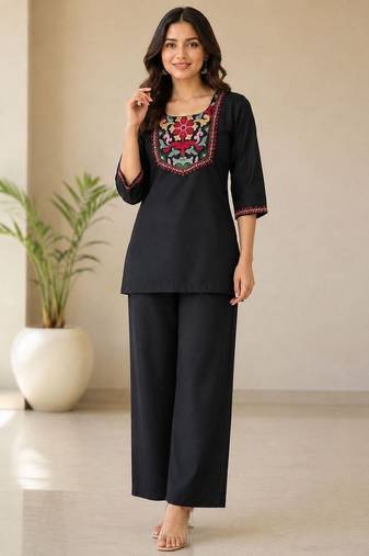 Women's daily wear stylish black embroidered cotton blend kurta with trouser set