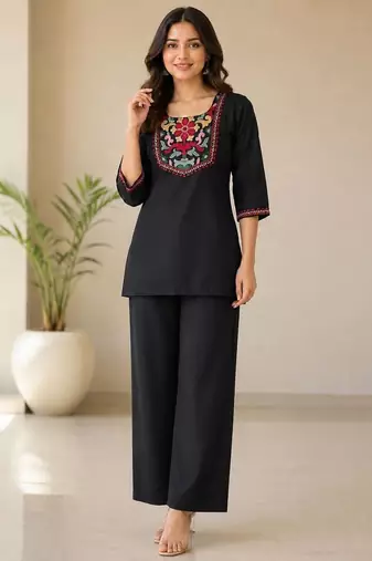 Women's daily wear stylish black embroidered cotton blend kurta with trouser set