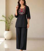 Women's daily wear stylish black embroidered cotton blend kurta with trouser set