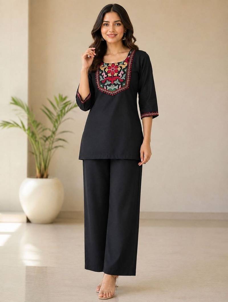 Women's daily wear stylish black embroidered cotton blend kurta with trouser set