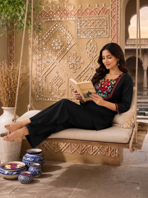 Women's daily wear stylish black embroidered cotton blend kurta with trouser set 2