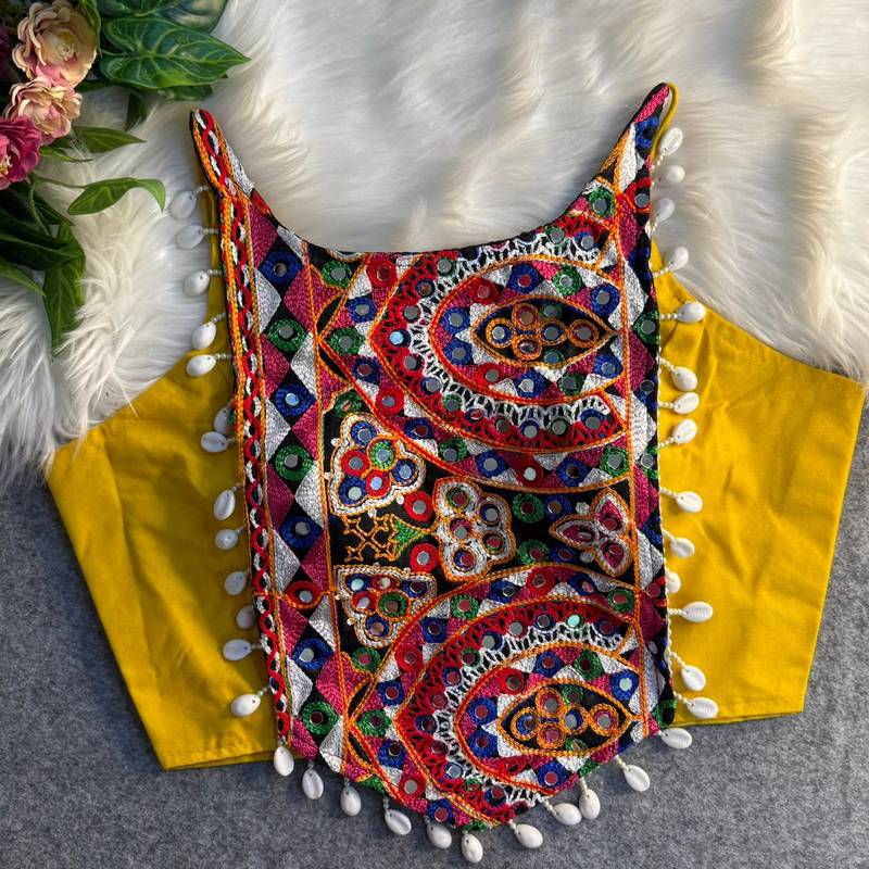 Mustard navratri mirror work cotton gamthi embroidery blouse
