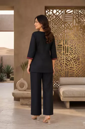 Women's daily wear stylish black embroidered cotton blend kurta with trouser set