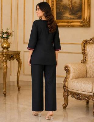 Women's daily wear stylish black embroidered cotton blend kurta with trouser set 3