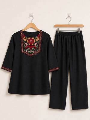 Women's daily wear stylish black embroidered cotton blend kurta with trouser set 4