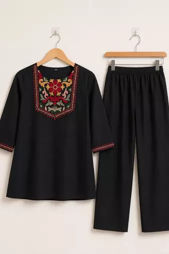 Women's daily wear stylish black embroidered cotton blend kurta with trouser set