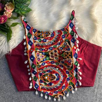 Wine navratri mirror work cotton gamthi embroidery blouse 1