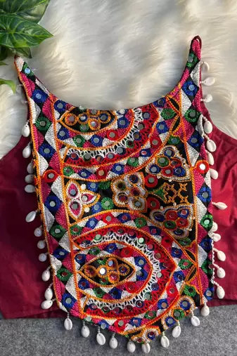 Wine navratri mirror work cotton gamthi embroidery blouse