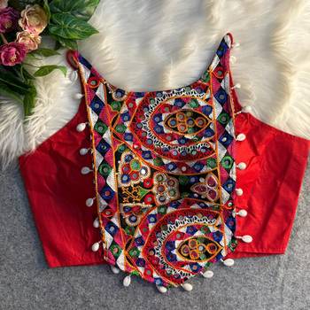 red navratri mirror work cotton gamthi embroidery blouse 2