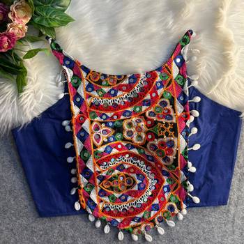 Blue navratri mirror work cotton gamthi embroidery blouse 1