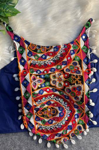 Blue navratri mirror work cotton gamthi embroidery blouse