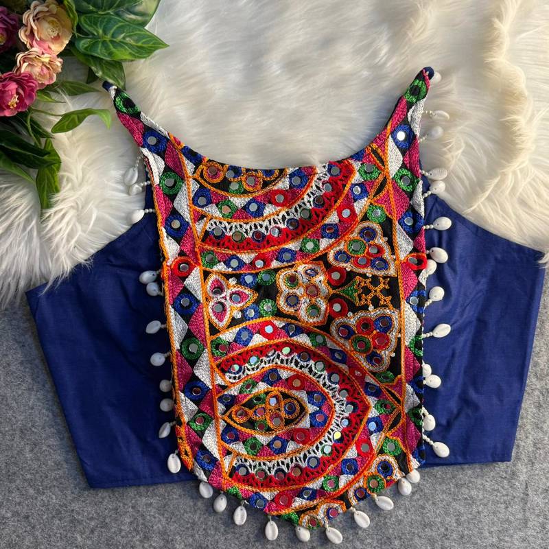 Blue navratri mirror work cotton gamthi embroidery blouse