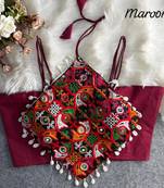 Maroon navratri noodle strap cotton blouse with hand mirror & kaudi work