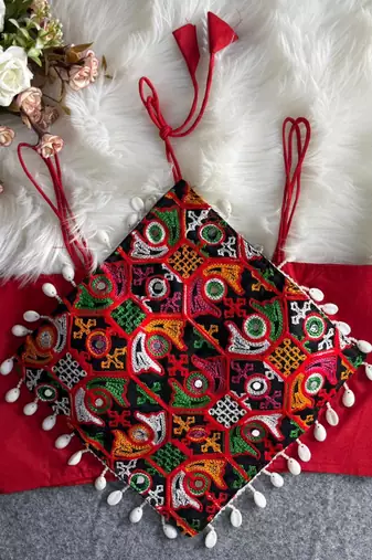 Red navratri noodle strap cotton blouse with hand mirror & kaudi work
