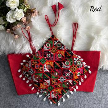 Red navratri noodle strap cotton blouse with hand mirror & kaudi work 2