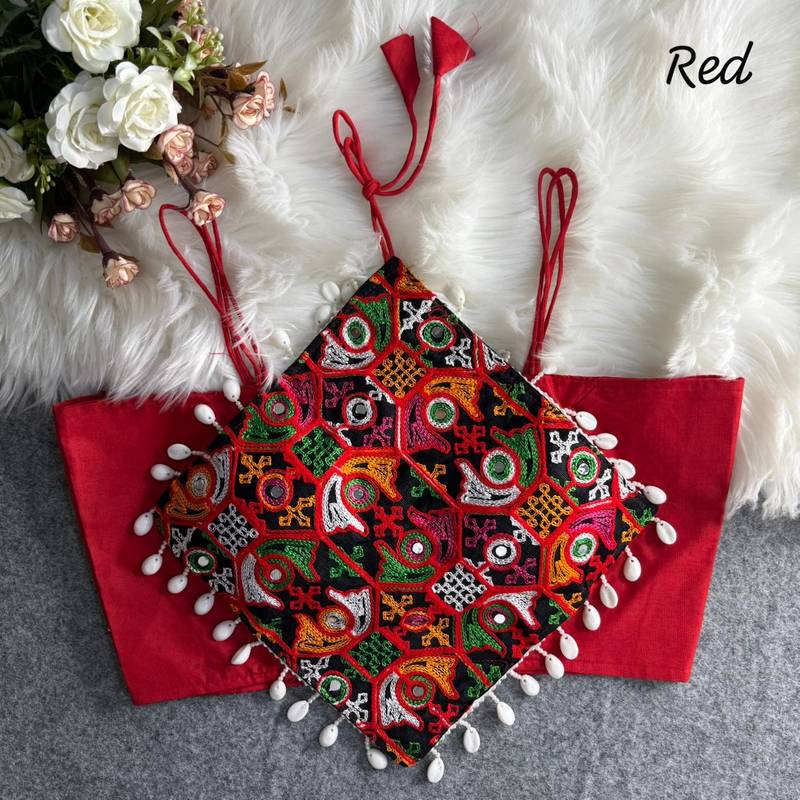 Red navratri noodle strap cotton blouse with hand mirror & kaudi work