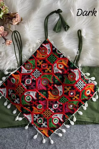 Green navratri noodle strap cotton blouse with hand mirror & kaudi work