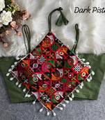 Green navratri noodle strap cotton blouse with hand mirror & kaudi work