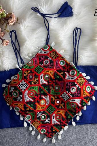Blue navratri noodle strap cotton blouse with hand mirror & kaudi work
