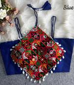 Blue navratri noodle strap cotton blouse with hand mirror & kaudi work